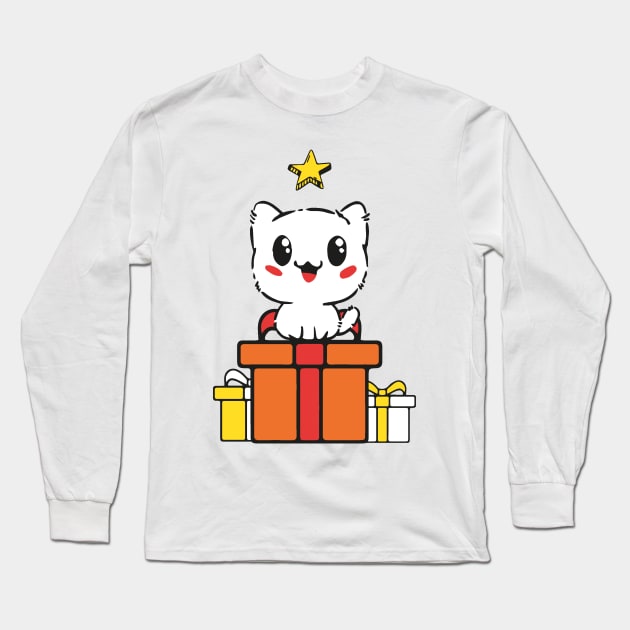 Cute Cat on Christmas gift looking at a star Long Sleeve T-Shirt by MK3